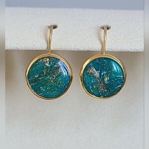 Hand Crafted Boho Gold Green Emerald Gemstone Circle Drop Dangle Earrings